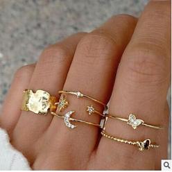 Золотой 6шт. сплав с кристаллами стразами кольца для пальцев, бабочка/луна/звезда, золотые, внутренний диаметр: 16~19 мм