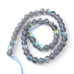 Gray Synthetic Moonstone Beads Strands, Holographic Beads, Dyed, Frosted, Round, Gray, 6mm, Hole: 1mm, about 60~62pcs/strand, 14~15 inch