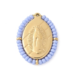 Лиловый 304 прелести нержавеющей стали, овальные с Иисусом, со стеклянными бисеринами, реальный 14 k позолоченный, сирень, 25.5x19x2.5 мм, отверстие : 1.2 мм