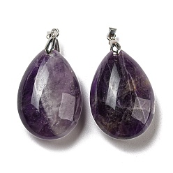 Amethyst Natural Amethyst Pendants, Teardrop Charms, with Rack Plating Platinum Plated Brass Pinch Bails, Lead Free & Cadmium Free, 41~42x23~24x13~14.5mm, Hole: 4x3.5mm