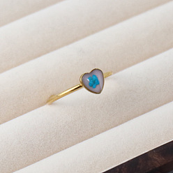 Темно-Голубой Регулируемые кольца-манжеты из нержавеющей стали, смолы и сушеных цветов, сердце, золотые, глубокое синее небо, 304 мм