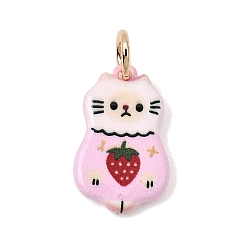 Pink Printed Brass Pendants, Cat Shape with Strawberry Charms, Golden, Pink, 18x11.5x2.5mm, Hole: 4mm