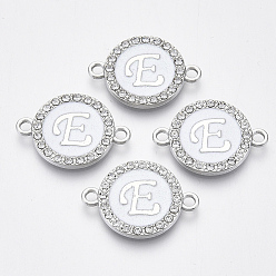 Letter E Verbindungsstücke aus Aluminium, mit Kristall Strass, flach rund mit Brief, Silberfarbe überzogen, letter.e, 22x16x2 mm, Bohrung: 1.8 mm