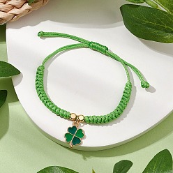 Светло-зеленый Регулируемые нейлоновые шнур плетеные браслеты, сплав эмали клевер ювелирные изделия для женщин, светло-зеленый, внутренний диаметр: 1-1/8~1-1/8 дюйм (3~7.3 см)