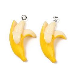 Желтый Подвески из непрозрачной смолы, окрашенные распылением, имитация еды, банановый шарм, с платиновыми тоновыми железными петлями, желтые, 35x19x10.5 мм, отверстие : 2 мм