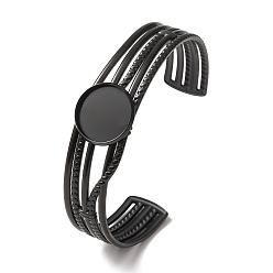 Black 304 Stainless Steel Multi-strand Cuff Bracelet Blanks with Flat Round Bezel Settings, Ion Plating(IP), Long-Lasting Plated, Black, Tray: 16mm, Inner Diameter: 2.11x2.40 inch(5.35x6.1cm)