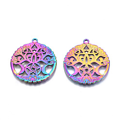 Rainbow Color Ионное покрытие (ip) 201 подвески из нержавеющей стали, плоский круглый со звездой и луной, Радуга цветов, 33.5x30x1.5 мм, отверстие : 2 мм