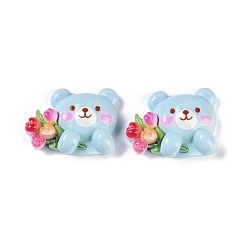 Bear Cartoon Bear Opaque Resin Decoden Cabochons, Bear with Flower, 22x29x8.5mm