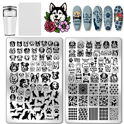 Собака 304 шаблоны для дизайна ногтей из нержавеющей стали своими руками, шаблоны изображений для дизайна ногтей из пластика, с силиконовой печатью и скребком, шаблонный инструмент, собака, 14.5x9.5 см, 2 шт / пакет
