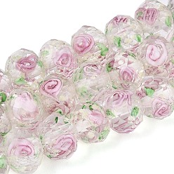 Розовый Ручная световая лампа, рондель, с внутренним цветок, граненые, туманная роза, 9~10x7~8 мм, отверстие : 1~1.6 мм, около 40 шт / нитка, 12.01 дюйм (30.5 см)