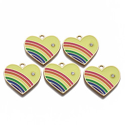 Yellow Alloy Enamel Pendants, Light Gold, with Rhinestone, Cadmium Free & Nickel Free & Lead Free, Heart, Yellow, 21.5x23.5x2.5mm, Hole: 1.8mm