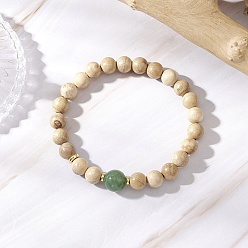 Зеленый Авантюрин Женские браслеты из натурального дерева и зеленого авантюрина с круглыми бусинами, внутренний диаметр: 2 дюйм (5.2 см)