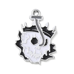 Skull Halloween Alloy Enamel Pendants, Platinum, Skull Charms, 27x19x1mm, Hole: 2mm