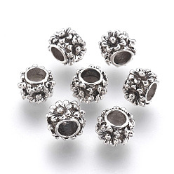 Antique Silver Cadmium Free & Nickel Free & Lead Free Alloy European Beads, Long-Lasting Plated, Large Hole Beads, Rondelle with Flower Pattern, Antique Silver, 10x7mm, Hole: 5mm