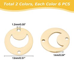 Golden & Stainless Steel Color Unicraftale 12Pcs 2 Colors 201 Stainless Steel Links Connectors, Cut, Flat Round with Moon, Golden & Stainless Steel Color, 13x1mm, Hole: 1.2mm, 6pcs/color