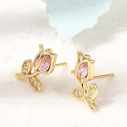 Plaqué 18K Or Véritable Micro cuivres ouvrent zircone cubique boucles d'oreille, fleur, sans plomb et sans cadmium, crémaillère plaquage, plaqué longue durée, réel 18 k plaqué or, 15x9mm