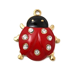 Настоящее золото 18K 304 прелести нержавеющей стали, божья коровка прелести, с эмалью и стразами, ионное покрытие (ip), реальный 18 k позолоченный, 22x19.5x4.5 мм, отверстие : 1.6 мм