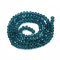 Dark Cyan Glass Beads Strands, Faceted, Rondelle, Dark Cyan, 4x3mm, Hole: 0.4mm, about 123~127pcs/strand, 16.5~16.9 inch(42~43cm)