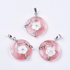 Watermelon Stone Glass Watermelon Stone Glass Pendants, with Shell, Rhinestone and Platinum Tone Brass Findings, Flat Round with Flower, 35.5~36x28x8mm, Hole: 5x8mm