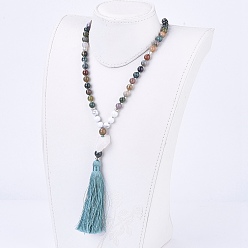 (RRHB277) Кристалл на подкладке из медово-бежевого цвета Натуральный овит и индийский агат из бисера ожерелья, с большими кисточками, сумки мешковины, 30.3 дюйм (77 см)