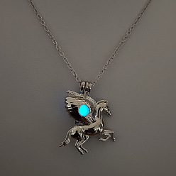 Лошадь Сплав с люминесцентной смоляной бусиной внутри подвески ожерелья для женщин и мужчин, платина, лошадь, 17.72 дюйм (45 см)