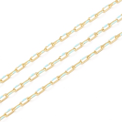Cyan Handmade Golden Brass Enamel Link Chains, Cable Chains, with Spool, Soldered, Long-Lasting Plated, Oval, Cyan, 7x3x1mm, 32.8 Feet(10m)/roll