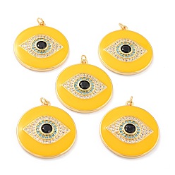 Yellow Real 18K Gold Plated Brass Micro Pave Cubic Zirconia Pendants, with Jump Ring and Enamel, Long-Lasting Plated, Flat Round with 
Evil Eye, Yellow, 33x30x4mm, Jump Ring: 5x1mm, 3mm Inner Diameter