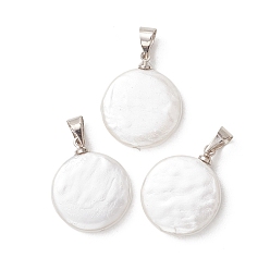 Платина Оболочки жемчужина подвески, плоские круглые подвески с латунными защелками, белые, платина, 19x15~15.5x3.5~4 мм, отверстие : 5x4 мм