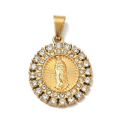 Плоский Круглый Тема Девы Марии 304 подвески из нержавеющей стали, со стразами и 201 застежкой из нержавеющей стали на дужках, золотые, ионное покрытие (ip), плоско-круглые, 25x20.5x2.5 мм, отверстие : 6x3 мм