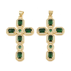 Green Brass Micro Pave Cubic Zirconia Pendants, Octagon Shaped Cross Charms, Cadmium Free & Lead Free, Golden, Green, 45.5x26x4.5mm, Hole: 5mm