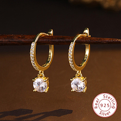 Golden 925 Sterling Silver Hoop Earrings, Clear Cubic Zirconia Drop Earrings, with 925 Stamp, Golden, 22x5mm