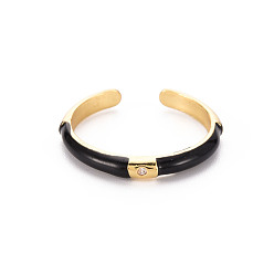 Black Brass Enamel Cuff Rings, Open Rings, with Clear Cubic Zirconia, Nickel Free, Golden, Black, US Size 8(18.1mm)
