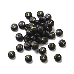 Letter T Покрытие непрозрачных акриловых бисер, золотой металл обвитыми, плоские круглые с буквы, Письмо T, 7x3.5 мм, отверстие : 1.2 мм, Около 3846 шт / 500 г