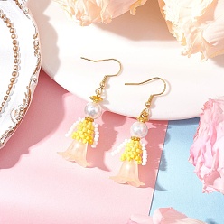 Желтый Серьги-подвески из стеклянных бусин ручной работы, с имитацией жемчуга и акрилом, золотые, желтые, 51x16.5 мм