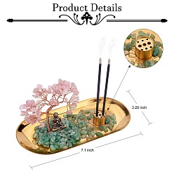 Rose Quartz Natural Rose Quartz with Green Aventurine Chips with Brass Incense Burner Holder, with Rose Gold Plated Brass Wires and Buddha, Lucky Tree, 83.5x180x85~100mm