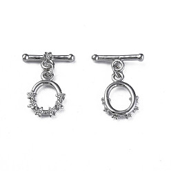 Platinum Brass Toggle Clasps, Nickel Free, Oval with Flower, Platinum, 26mm, Hole: 2mm