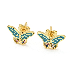 Bleu Vert Boucles d'oreilles papillon en laiton doré, avec de l'émail et de la zircone cubique, sarcelle, 8x12.5mm