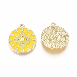 Golden Alloy Enamel Pendants, Baroque Style, Flat Round with Flower, Yellow, Golden, 22.5x19.5x4mm, Hole: 1.8mm