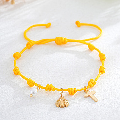 Желтый Браслеты с подвесками из латуни и искусственного жемчуга, Браслеты из полиэстеровой нити, сплетенные для женщин, жук и крест и круг, золотые, желтые