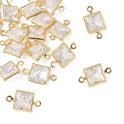 Real 18K Gold Plated SHEGRACE Brass Pave Clear Cubic Zirconia Square Connector Charms, Cadmium Free & Nickel Free & Lead Free, Long-Lasting Plated, Real 18K Gold Plated, 12x7x3mm, Hole: 1mm