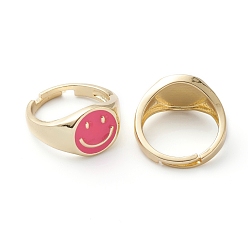 Hot Pink Adjustable Brass Enamel Finger Rings, Long-Lasting Plated, Smiling Face, Real 18K Gold Plated, Hot Pink, US Size 7 1/4(17.5mm)