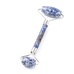 Blue Spot Jasper Natural Blue Spot Jasper Brass Face Massager, Facial Rollers, Platinum, 142~150x54~58x19~22mm