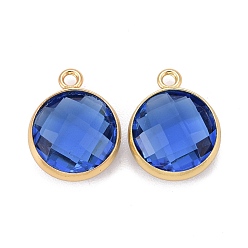 Mixed Color Glass Charms, with Real 18k Gold Plated Brass Findings, Long-Lasting Plated, Lead Free & Nickel Free & Cadmium Free, Faceted Flat Round, Mixed Color, 9x7x3mm, Hole: 1mm