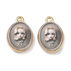Light Grey Printed Alloy Pendants, Oval with Doll Charms, Rack Plating, Cadmium Free & Nickel Free & Lead Free, Golden, Light Grey, 20x13.5x3.5mm, Hole: 1.8mm