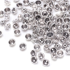 Antique Silver Tibetan Style Alloy Bead Caps, Multi-Petal Flower, Antique Silver, 6.9x6.5mm