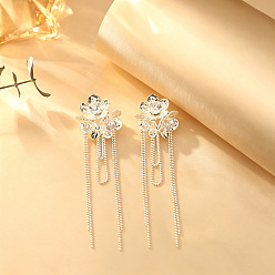 Flower Brass Micro Pave Cubic Zirconia Stud Earrings for Women, Silver, Tassel Earrings, Flower, 85x22mm