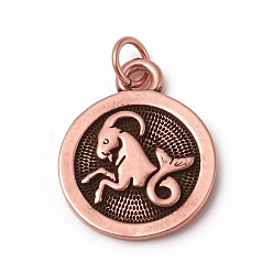 Козерог Латунные подвески, с прыжковых колец, долговечный, плоский круг со знаком 12 созвездия / зодиака, античный розового золота, Козерог, 18.5x15x2 мм, переходное кольцо: 5x0.7 мм, внутренний диаметр: 3.6 мм