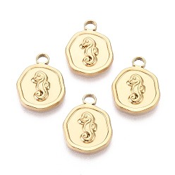 Настоящее золото 18K Ионное покрытие (ip) 304 подвески из нержавеющей стали, плоские круглые с морской конек, реальный 18 k позолоченный, 16x13x2 мм, отверстие : 2 мм