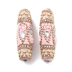 Бледно-Розовый Индонезийские бусины ручной работы, с железом, смола и стекло, длинный овал с цветком, розовый жемчуг, 60x20 мм, отверстие : 4.8 мм