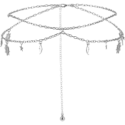 Platinum Alloy Moon Sun Star Double Layer Tassel Waist Chains, Bikini Jewelry for Women, Platinum, 750mm
